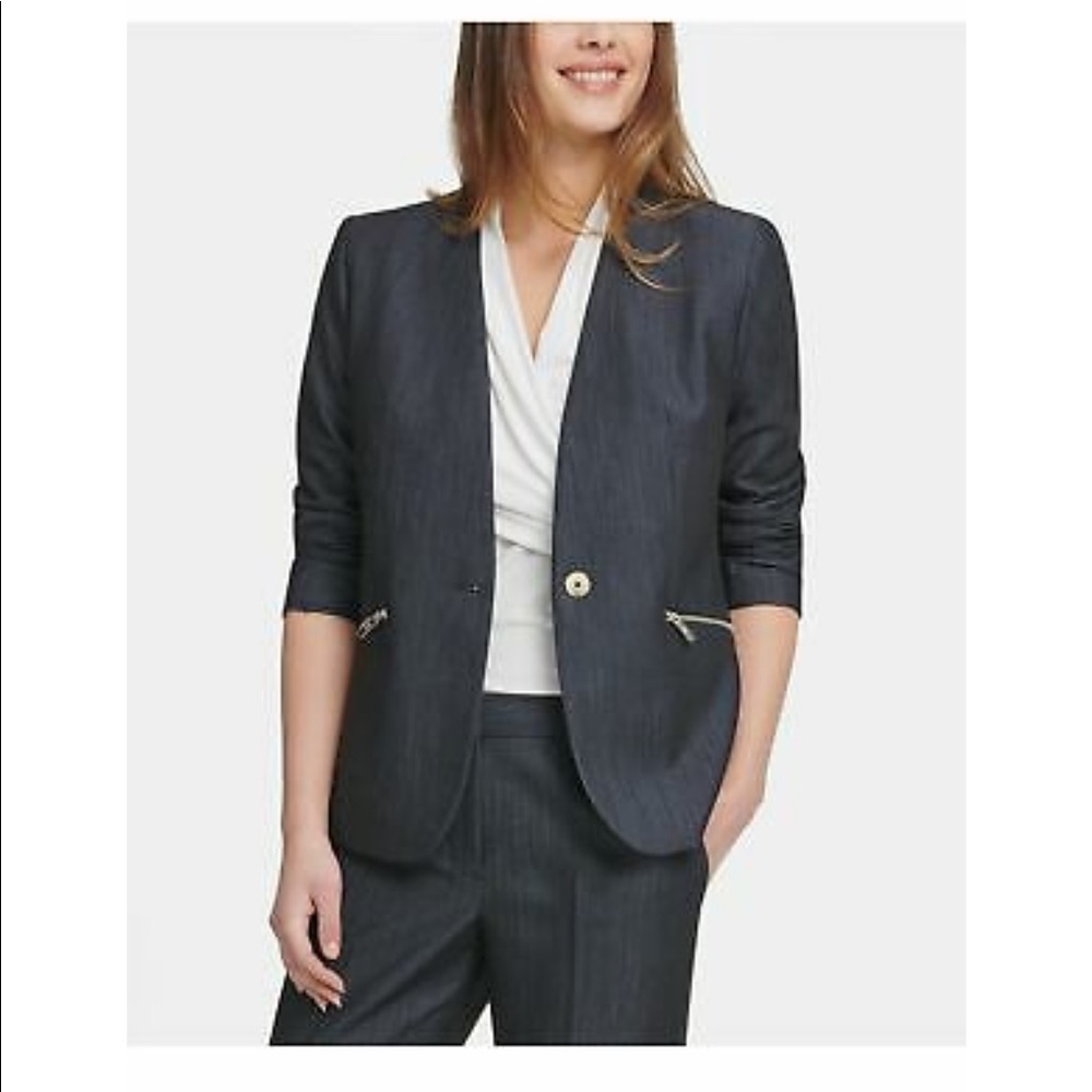 DKNY navy long sleeve blazer with silver and gold hardware   Size 4